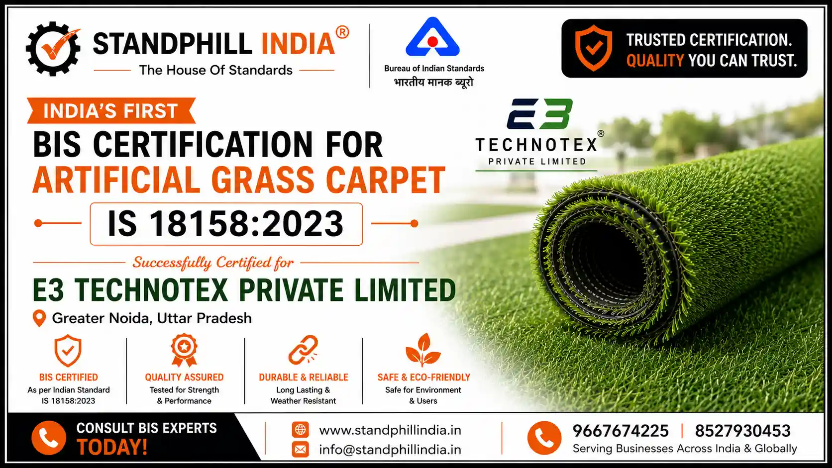 All India's First BIS License for Artificial Grass Carpet IS 18158 - E3 Technotex Private Limited